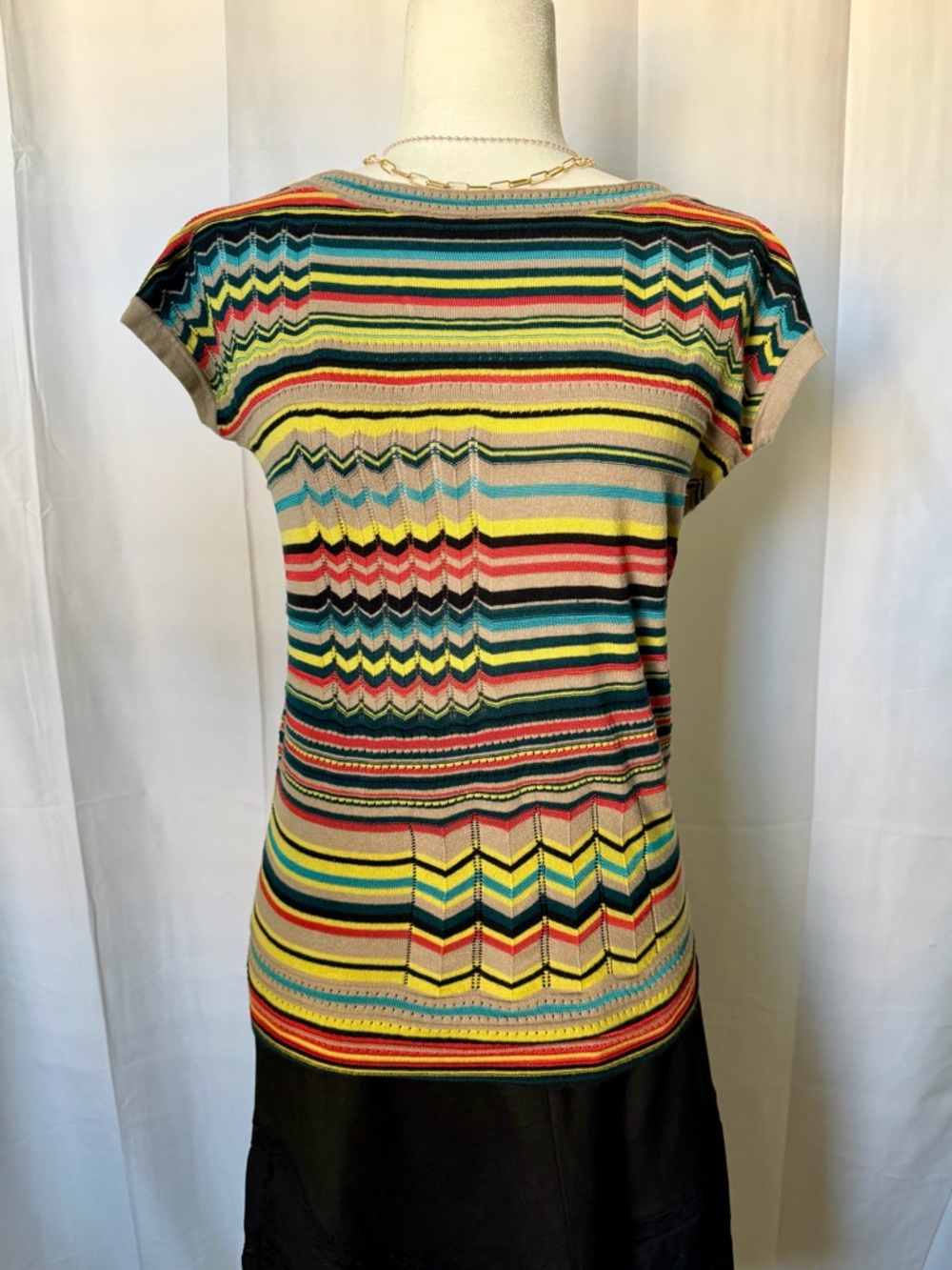 Multicolor Striped Knit Cap Sleeve Top Boat Neck Luxury